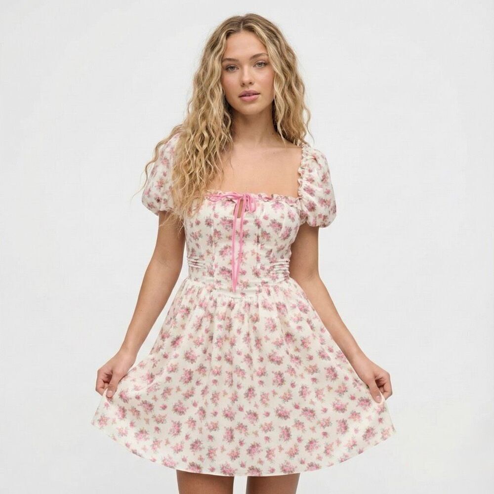 For Love & Lemons Etienne Mini Dress Medium Floral Coquette Corset Puff NWT